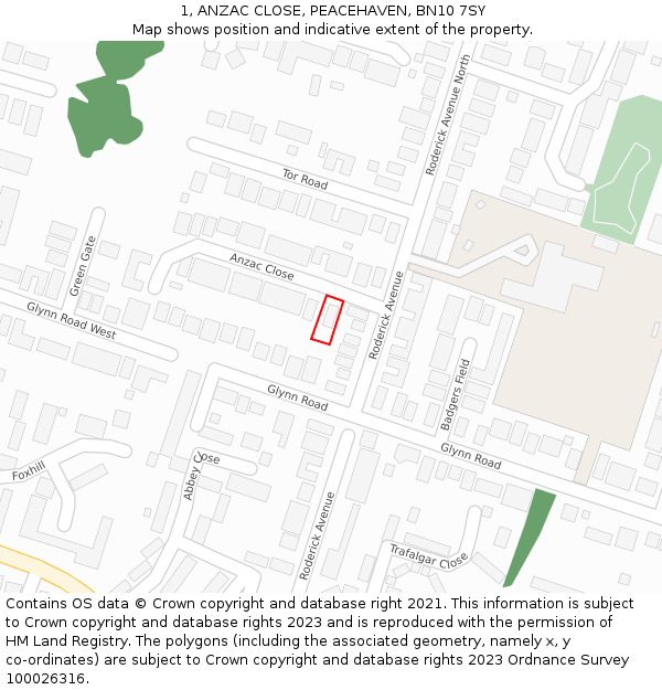 1, ANZAC CLOSE, PEACEHAVEN, BN10 7SY: Location map and indicative extent of plot