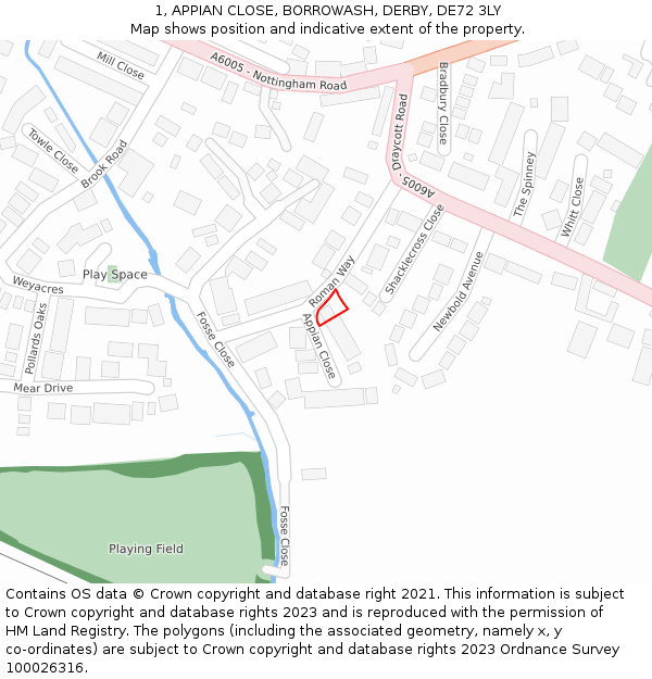 1, APPIAN CLOSE, BORROWASH, DERBY, DE72 3LY: Location map and indicative extent of plot