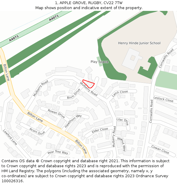 1, APPLE GROVE, RUGBY, CV22 7TW: Location map and indicative extent of plot