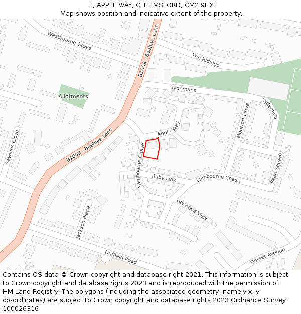 1, APPLE WAY, CHELMSFORD, CM2 9HX: Location map and indicative extent of plot