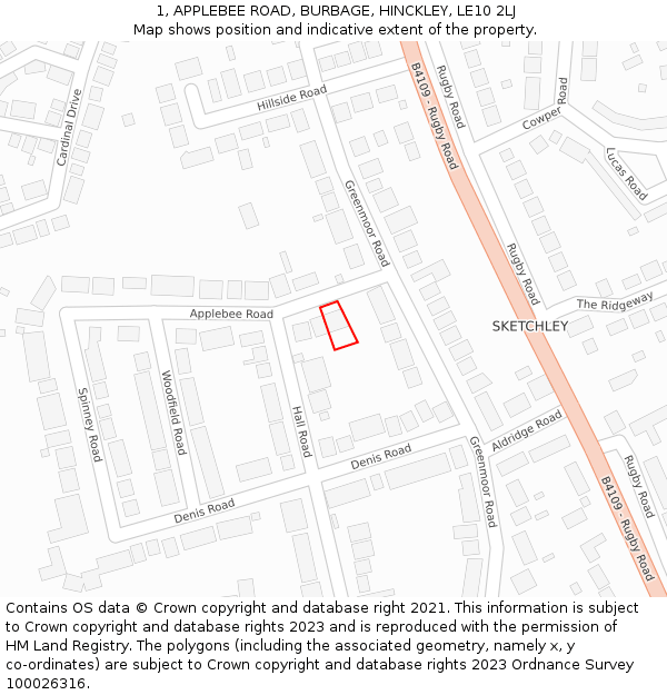1, APPLEBEE ROAD, BURBAGE, HINCKLEY, LE10 2LJ: Location map and indicative extent of plot