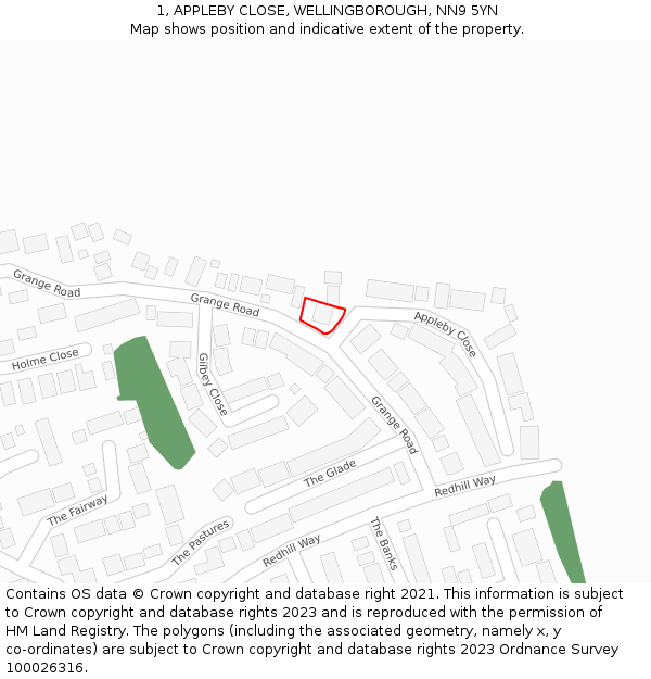 1, APPLEBY CLOSE, WELLINGBOROUGH, NN9 5YN: Location map and indicative extent of plot