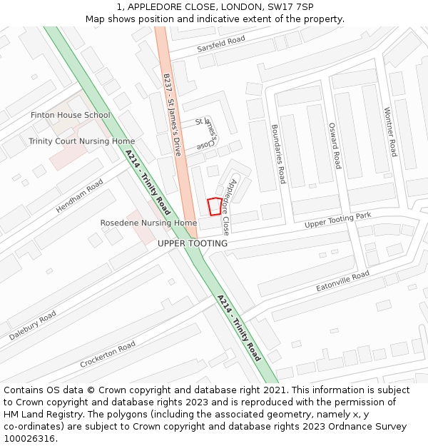 1, APPLEDORE CLOSE, LONDON, SW17 7SP: Location map and indicative extent of plot
