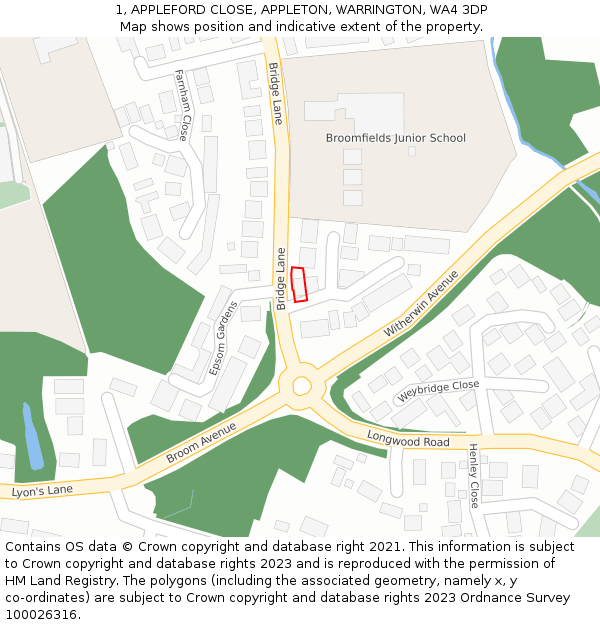 1, APPLEFORD CLOSE, APPLETON, WARRINGTON, WA4 3DP: Location map and indicative extent of plot