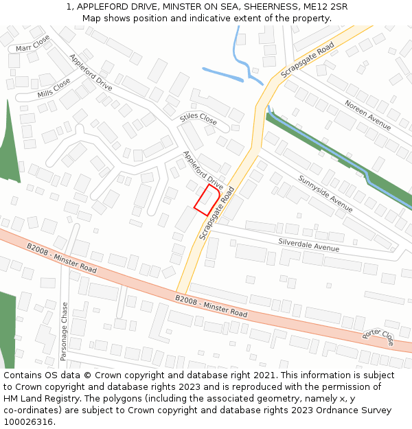1, APPLEFORD DRIVE, MINSTER ON SEA, SHEERNESS, ME12 2SR: Location map and indicative extent of plot
