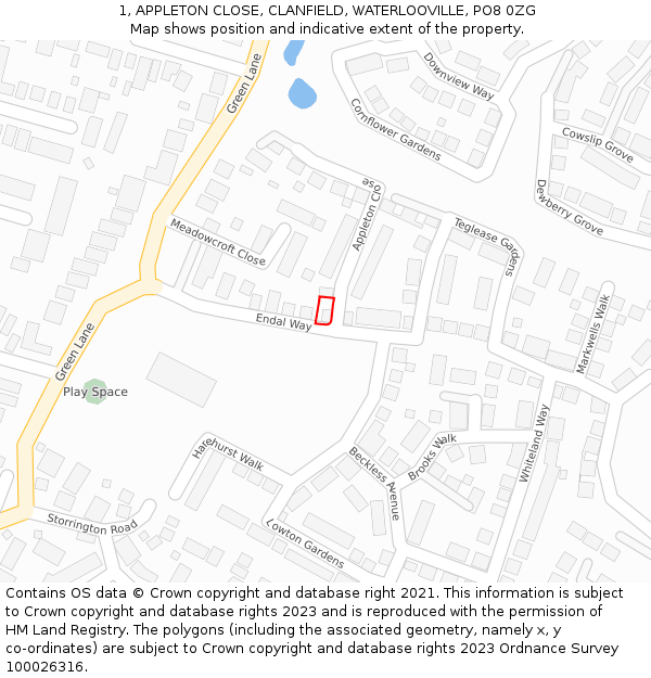 1, APPLETON CLOSE, CLANFIELD, WATERLOOVILLE, PO8 0ZG: Location map and indicative extent of plot