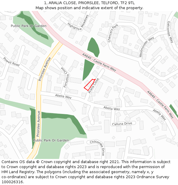 1, ARALIA CLOSE, PRIORSLEE, TELFORD, TF2 9TL: Location map and indicative extent of plot