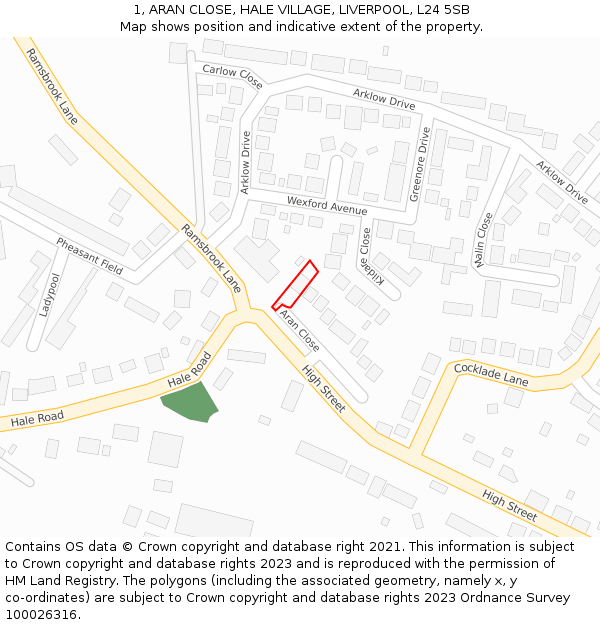 1, ARAN CLOSE, HALE VILLAGE, LIVERPOOL, L24 5SB: Location map and indicative extent of plot