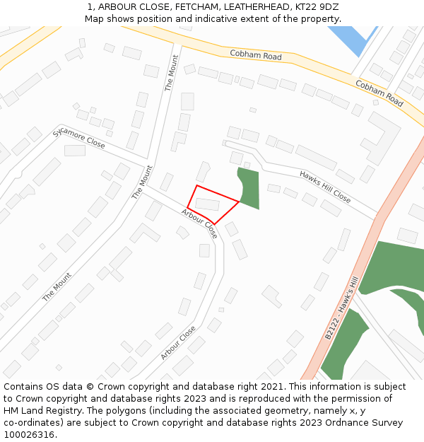 1, ARBOUR CLOSE, FETCHAM, LEATHERHEAD, KT22 9DZ: Location map and indicative extent of plot