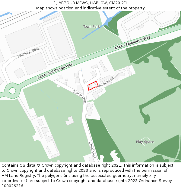 1, ARBOUR MEWS, HARLOW, CM20 2FL: Location map and indicative extent of plot