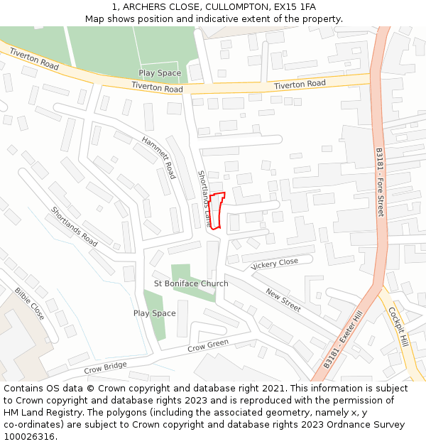 1, ARCHERS CLOSE, CULLOMPTON, EX15 1FA: Location map and indicative extent of plot