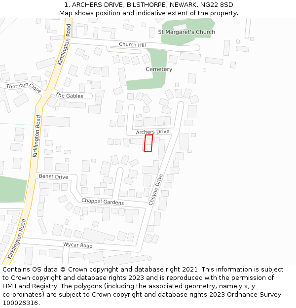 1, ARCHERS DRIVE, BILSTHORPE, NEWARK, NG22 8SD: Location map and indicative extent of plot