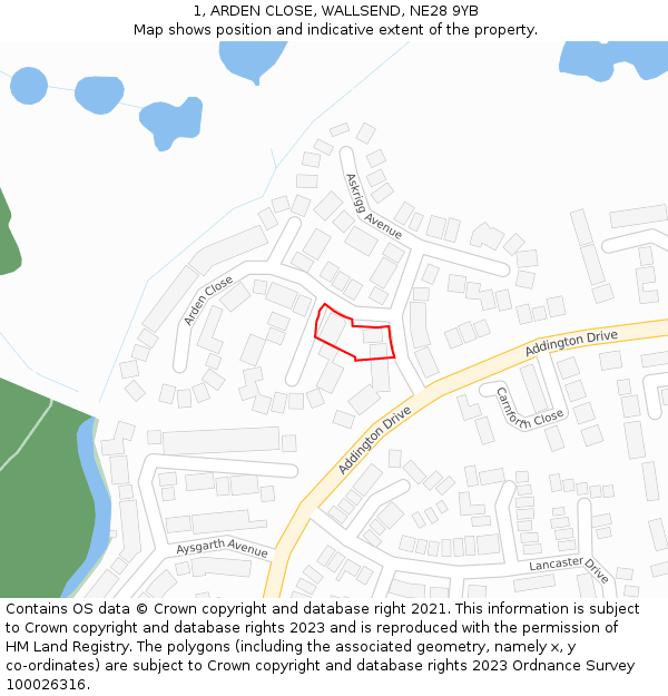 1, ARDEN CLOSE, WALLSEND, NE28 9YB: Location map and indicative extent of plot