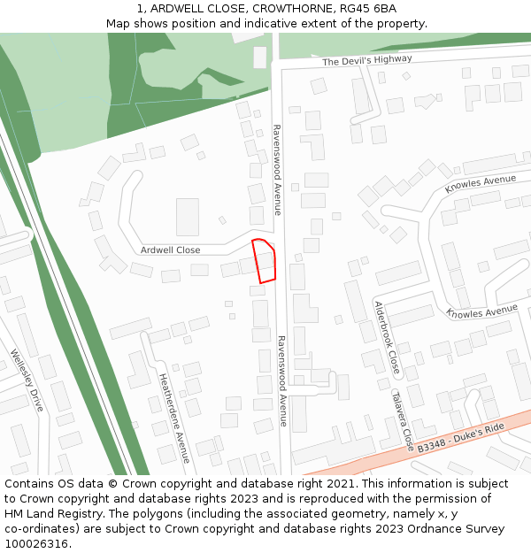 1, ARDWELL CLOSE, CROWTHORNE, RG45 6BA: Location map and indicative extent of plot