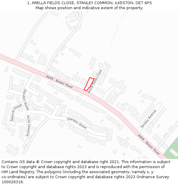 1, ARELLA FIELDS CLOSE, STANLEY COMMON, ILKESTON, DE7 6PS: Location map and indicative extent of plot