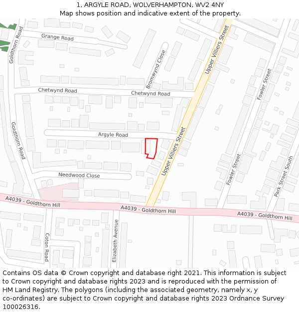 1, ARGYLE ROAD, WOLVERHAMPTON, WV2 4NY: Location map and indicative extent of plot