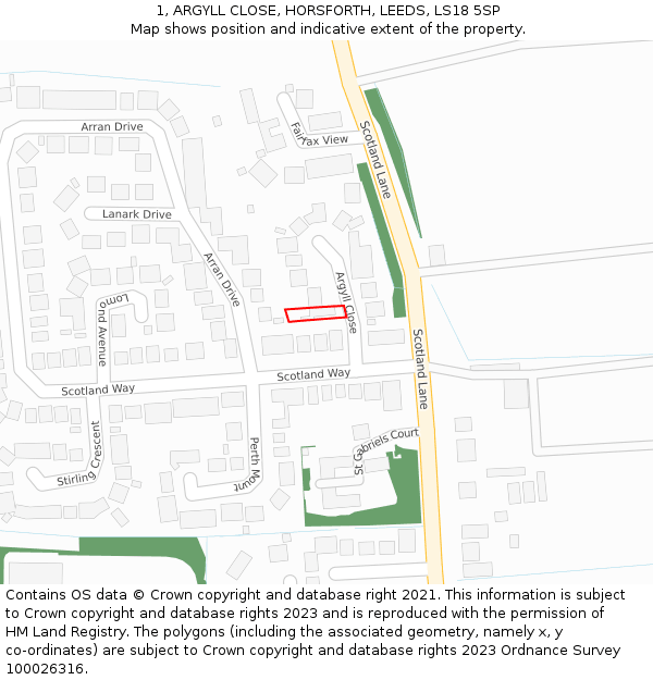 1, ARGYLL CLOSE, HORSFORTH, LEEDS, LS18 5SP: Location map and indicative extent of plot