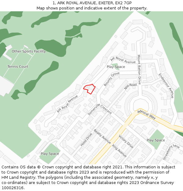 1, ARK ROYAL AVENUE, EXETER, EX2 7GP: Location map and indicative extent of plot