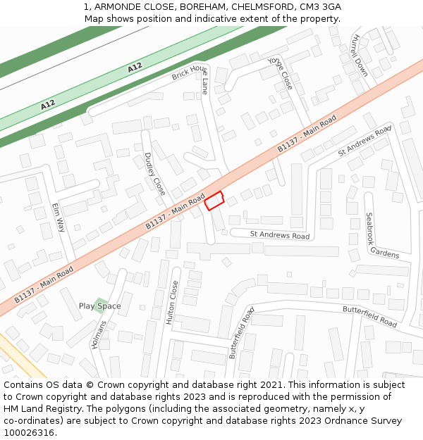 1, ARMONDE CLOSE, BOREHAM, CHELMSFORD, CM3 3GA: Location map and indicative extent of plot