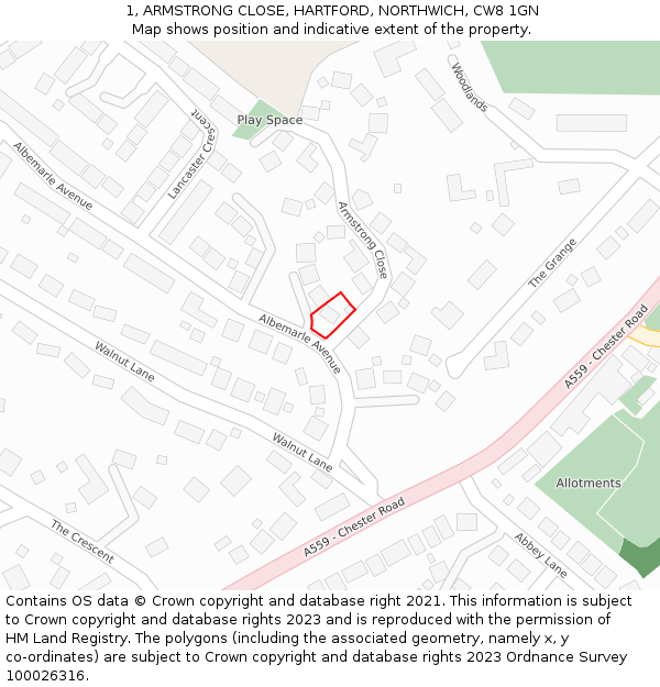 1, ARMSTRONG CLOSE, HARTFORD, NORTHWICH, CW8 1GN: Location map and indicative extent of plot