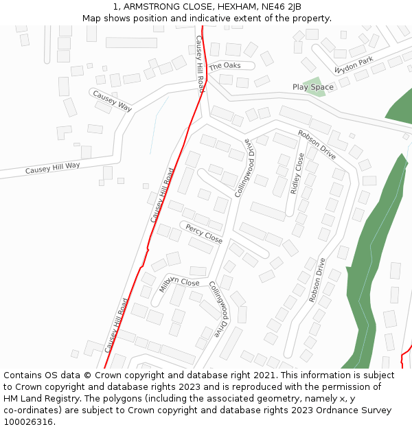 1, ARMSTRONG CLOSE, HEXHAM, NE46 2JB: Location map and indicative extent of plot