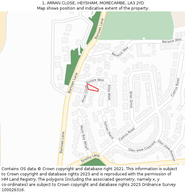 1, ARRAN CLOSE, HEYSHAM, MORECAMBE, LA3 2YD: Location map and indicative extent of plot