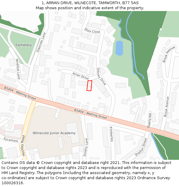 1, ARRAN DRIVE, WILNECOTE, TAMWORTH, B77 5AS: Location map and indicative extent of plot
