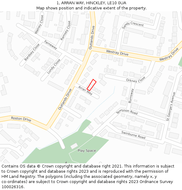 1, ARRAN WAY, HINCKLEY, LE10 0UA: Location map and indicative extent of plot