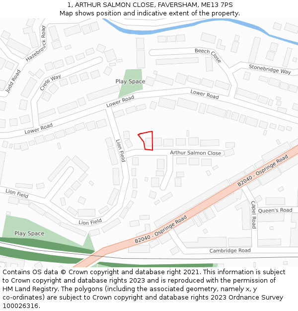 1, ARTHUR SALMON CLOSE, FAVERSHAM, ME13 7PS: Location map and indicative extent of plot