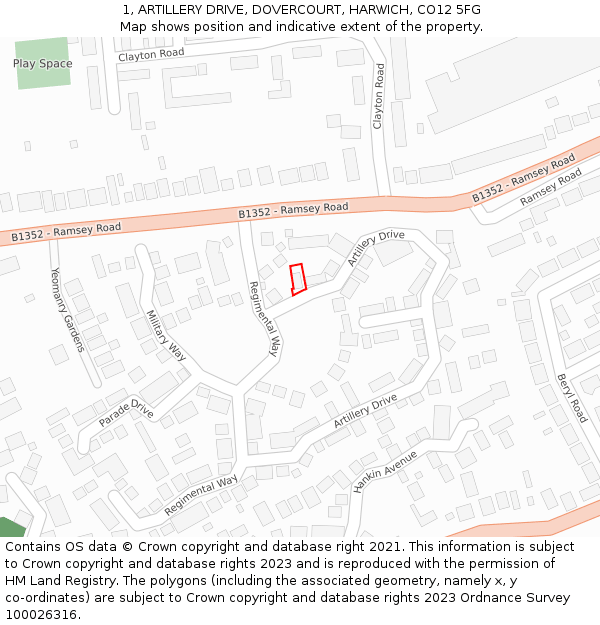 1, ARTILLERY DRIVE, DOVERCOURT, HARWICH, CO12 5FG: Location map and indicative extent of plot