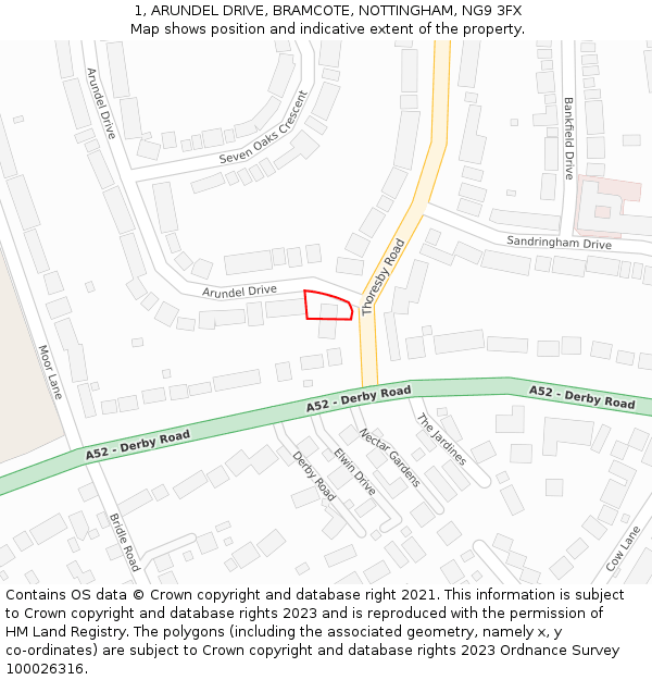 1, ARUNDEL DRIVE, BRAMCOTE, NOTTINGHAM, NG9 3FX: Location map and indicative extent of plot