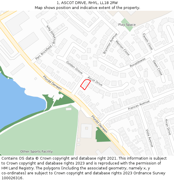 1, ASCOT DRIVE, RHYL, LL18 2RW: Location map and indicative extent of plot