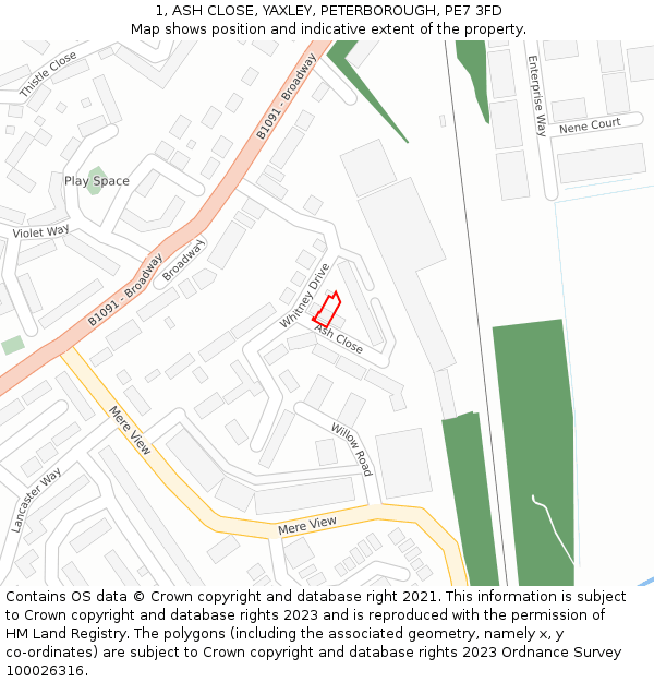 1, ASH CLOSE, YAXLEY, PETERBOROUGH, PE7 3FD: Location map and indicative extent of plot