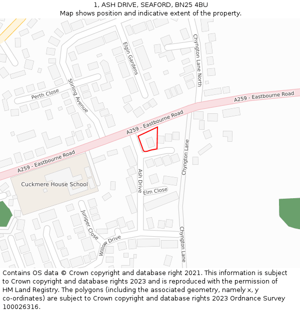 1, ASH DRIVE, SEAFORD, BN25 4BU: Location map and indicative extent of plot