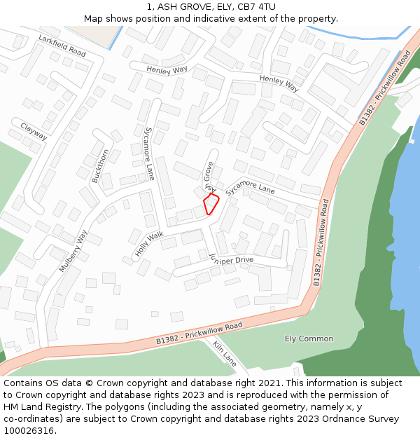 1, ASH GROVE, ELY, CB7 4TU: Location map and indicative extent of plot