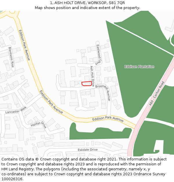 1, ASH HOLT DRIVE, WORKSOP, S81 7QR: Location map and indicative extent of plot