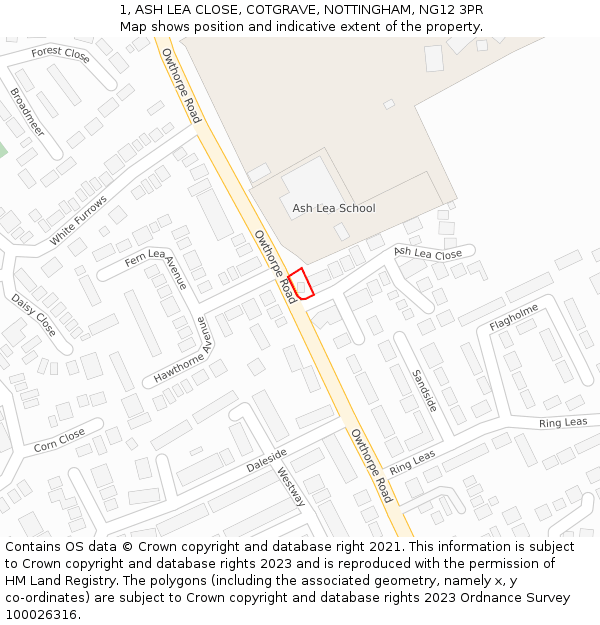 1, ASH LEA CLOSE, COTGRAVE, NOTTINGHAM, NG12 3PR: Location map and indicative extent of plot