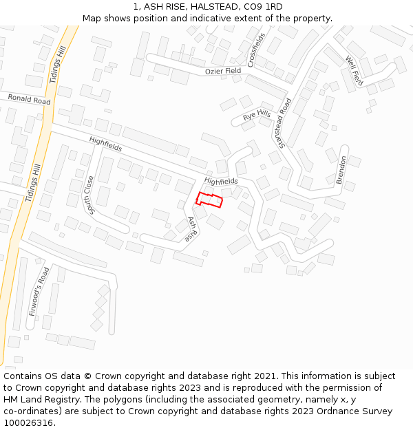 1, ASH RISE, HALSTEAD, CO9 1RD: Location map and indicative extent of plot