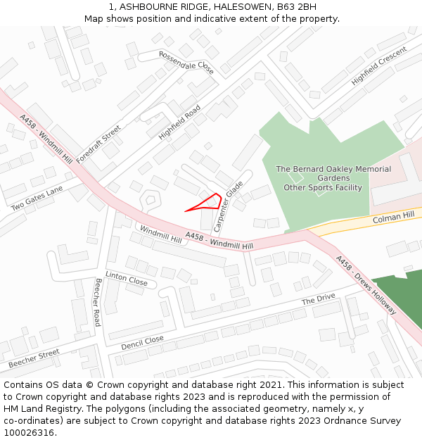 1, ASHBOURNE RIDGE, HALESOWEN, B63 2BH: Location map and indicative extent of plot