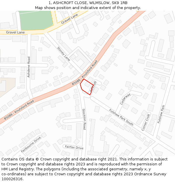 1, ASHCROFT CLOSE, WILMSLOW, SK9 1RB: Location map and indicative extent of plot