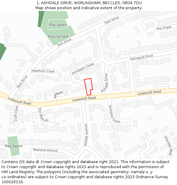1, ASHDALE DRIVE, WORLINGHAM, BECCLES, NR34 7DU: Location map and indicative extent of plot