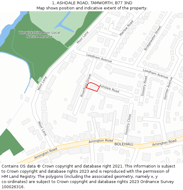 1, ASHDALE ROAD, TAMWORTH, B77 3ND: Location map and indicative extent of plot