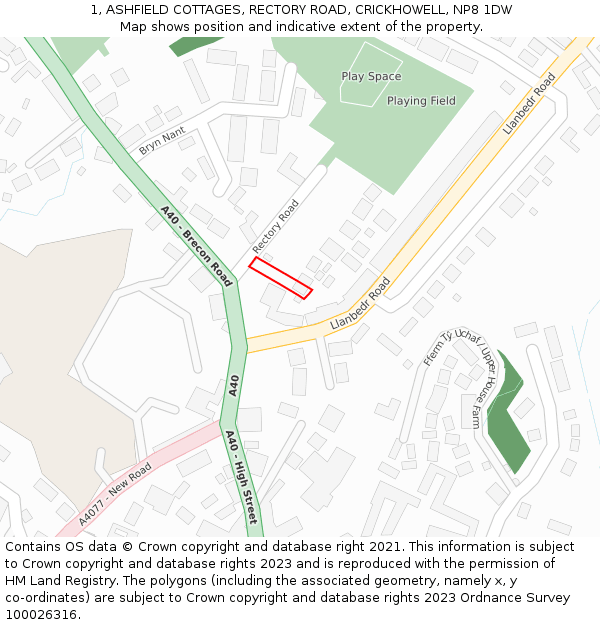 1, ASHFIELD COTTAGES, RECTORY ROAD, CRICKHOWELL, NP8 1DW: Location map and indicative extent of plot