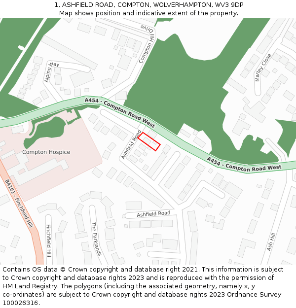 1, ASHFIELD ROAD, COMPTON, WOLVERHAMPTON, WV3 9DP: Location map and indicative extent of plot