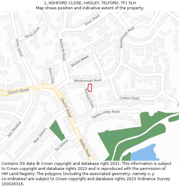 1, ASHFORD CLOSE, HADLEY, TELFORD, TF1 5LH: Location map and indicative extent of plot