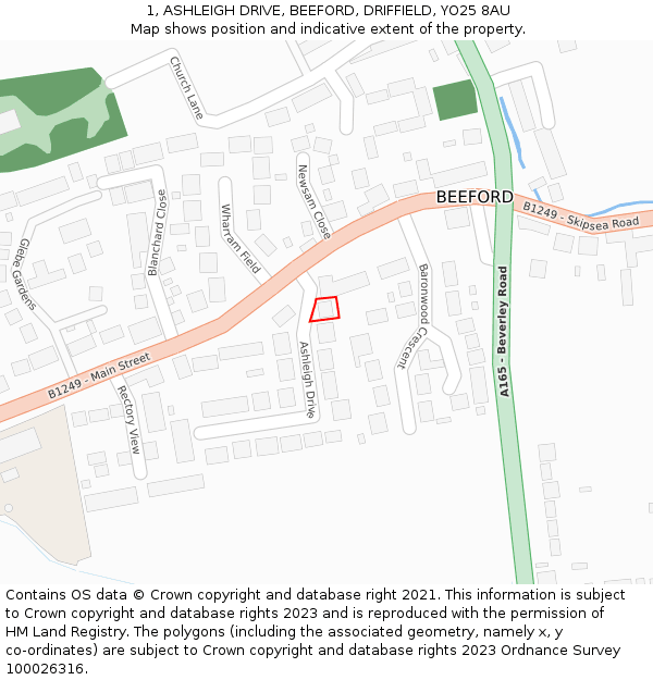 1, ASHLEIGH DRIVE, BEEFORD, DRIFFIELD, YO25 8AU: Location map and indicative extent of plot