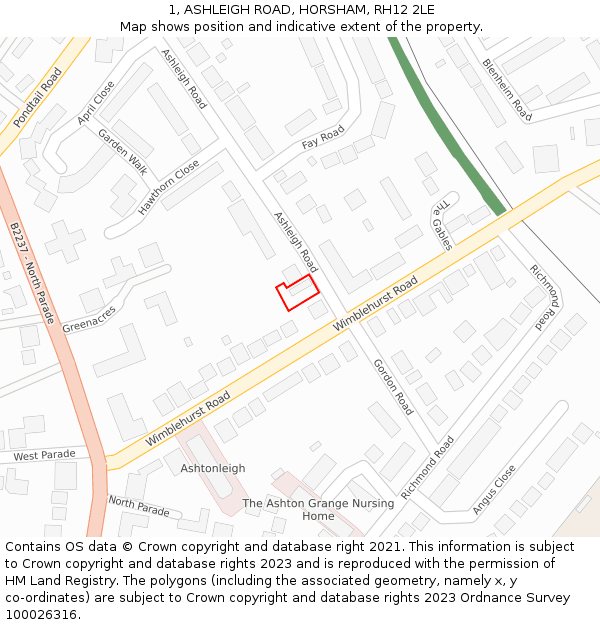 1, ASHLEIGH ROAD, HORSHAM, RH12 2LE: Location map and indicative extent of plot