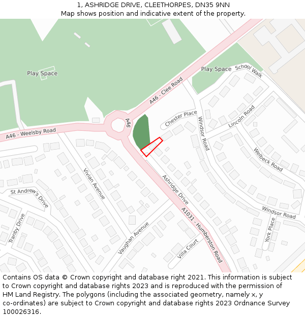 1, ASHRIDGE DRIVE, CLEETHORPES, DN35 9NN: Location map and indicative extent of plot