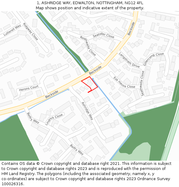 1, ASHRIDGE WAY, EDWALTON, NOTTINGHAM, NG12 4FL: Location map and indicative extent of plot