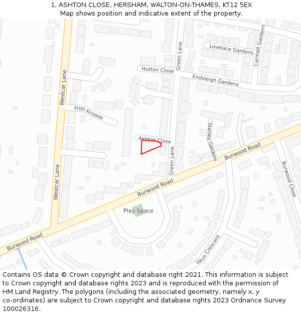 1, ASHTON CLOSE, HERSHAM, WALTON-ON-THAMES, KT12 5EX: Location map and indicative extent of plot